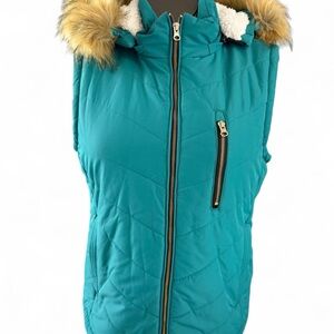 Wantdo Turquoise Winter Vest Medium with Faux Fur Trim